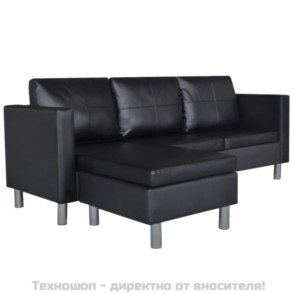 Триместен L-образен диван, изкуствена кожа, черен