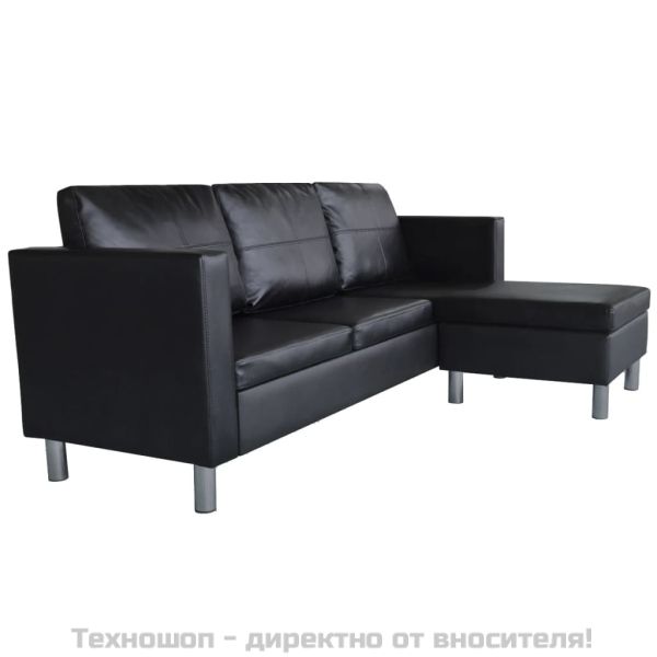 Триместен L-образен диван, изкуствена кожа, черен