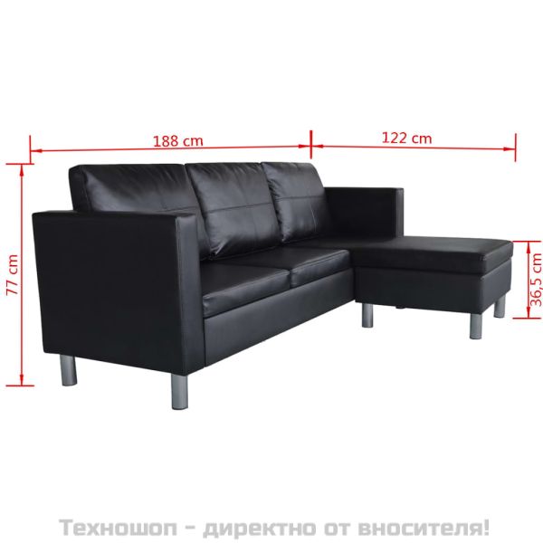 Триместен L-образен диван, изкуствена кожа, черен