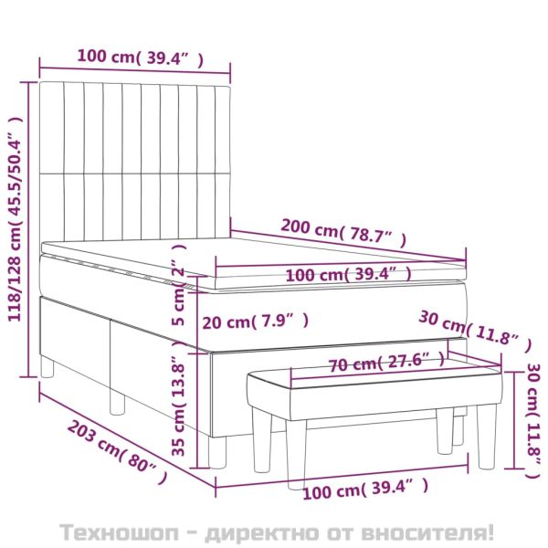 Боксспринг легло с матрак, светлосиво, 100x200 см, кадифе