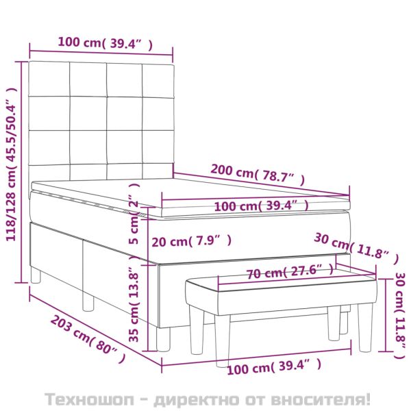Боксспринг легло с матрак, светлосиво, 100x200 см, кадифе