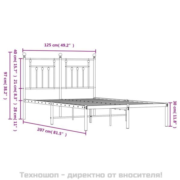 Метална рамка за легло с горна табла, бяла, 120x200 см