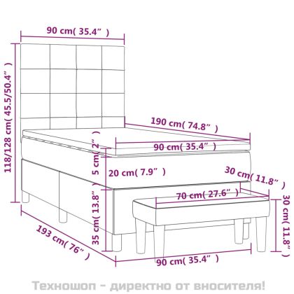 Боксспринг легло с матрак, тъмносив, 90x190 см, кадифе
