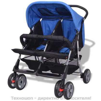 Бебешка количка за близнаци, стомана, синьо и черно