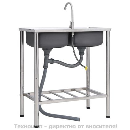 Къмпинг мивка, двойно корито, с кран, неръждаема стомана