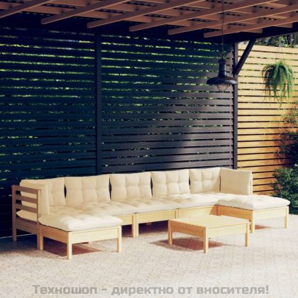 Градински лаундж комплект с кремави възглавници, 8 части, бор