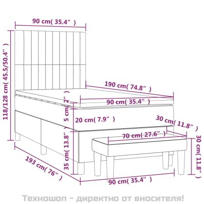 Боксспринг легло с матрак, тъмносив, 90x190 см, плат