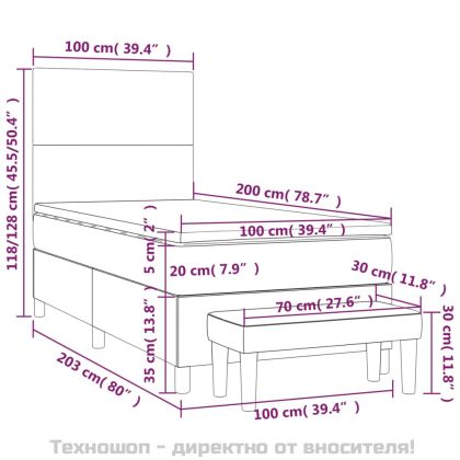 Боксспринг легло с матрак, тъмносиво, 100x200 см, плат