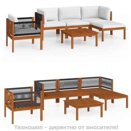 Градински комплект с възглавници, 6 части, кремаво дърво, акация и въже