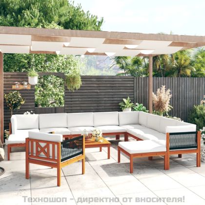 Градински комплект с възглавници, 12 части, кремаво дърво, акация и въже