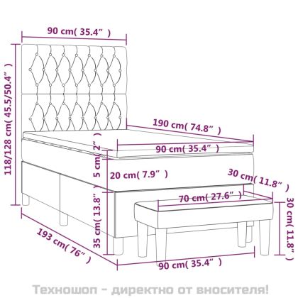 Боксспринг легло с матрак, тъмносив, 90x190 см, кадифе