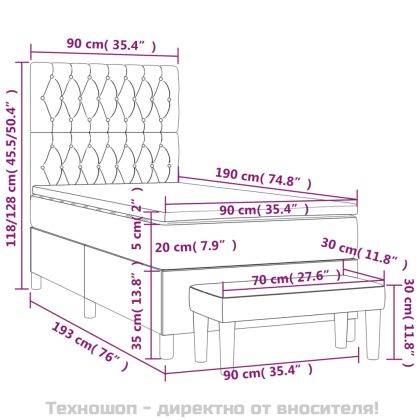 Боксспринг легло с матрак, тъмносив, 90x190 см, плат