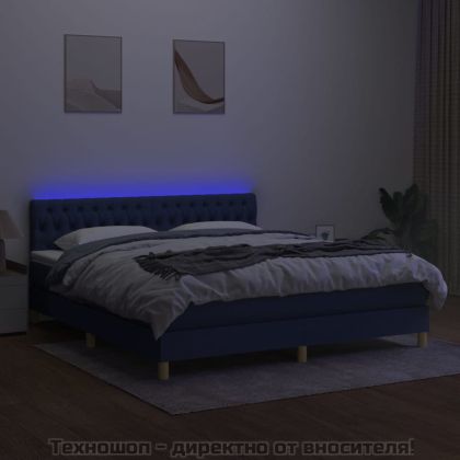 Боксспринг легло с матрак и LED, синьо, 160x200 см, плат