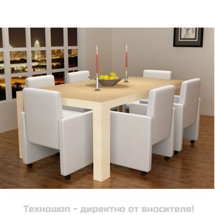Трапезни столове, 6 бр, бели, изкуствена кожа