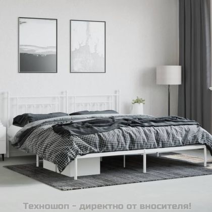 Метална рамка за легло с горна табла, бяла, 200x200 см