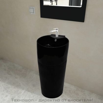 Керамична мивка на стойка, преливник, отвор за смесител, черна, кръгла