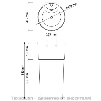 Керамична мивка на стойка, преливник, отвор за смесител, черна, кръгла