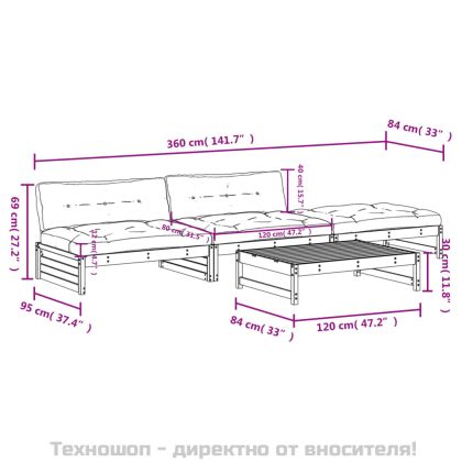 Градински комплект с възглавници, 4 части, дугласко дърво масив