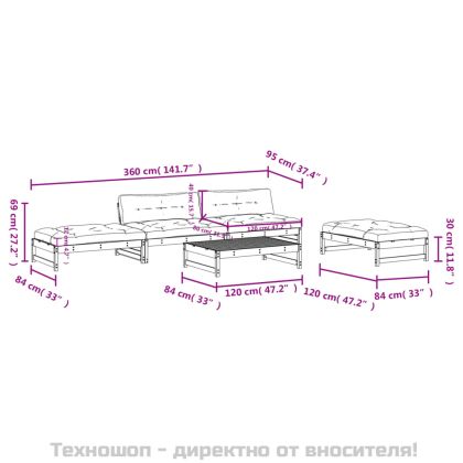 Градински лаундж комплект 5 части с възглавници импрегниран бор