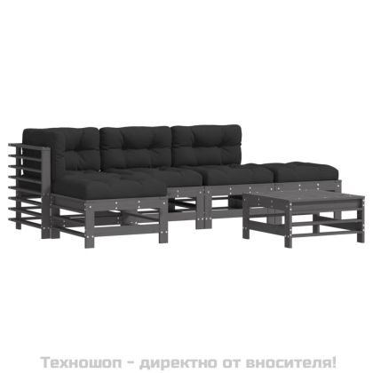 Градински комплект с възглавници, 6 части, сив, дърво масив