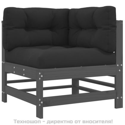 Градински комплект с възглавници, 6 части, сив, дърво масив