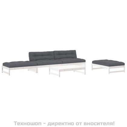 Градински комплект с възглавници, 6 части, бял, дърво масив