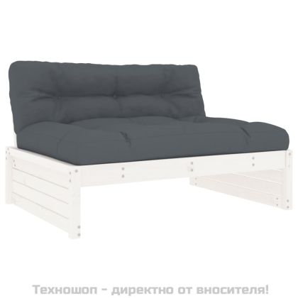 Градински комплект с възглавници, 6 части, бял, дърво масив