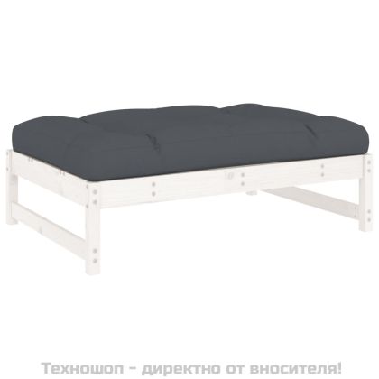Градински комплект с възглавници, 6 части, бял, дърво масив