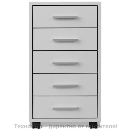 Офис шкаф с колелца, 5 чекмеджета, бял