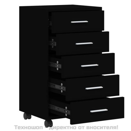 Шкаф с чекмеджета с колелца, черен, инженерно дърво
