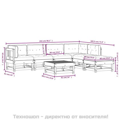Градински лаундж комплект 7 части с възглавници бял бор масив