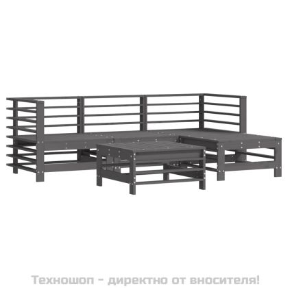 Градински комплект с възглавници, 5 части, сив, дърво масив