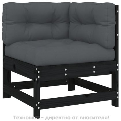 Ъглов диван с възглавници, черен, борово дърво масив