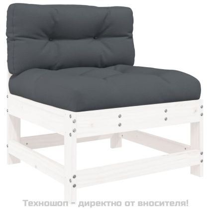 Среден диван с възглавници, бял, борово дърво масив