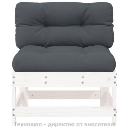 Среден диван с възглавници, бял, борово дърво масив