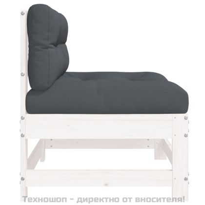 Среден диван с възглавници, бял, борово дърво масив
