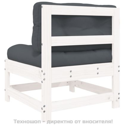 Среден диван с възглавници, бял, борово дърво масив