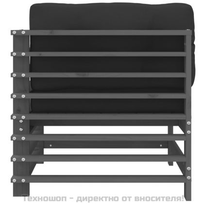 Ъглов диван с възглавници, сив, борово дърво масив