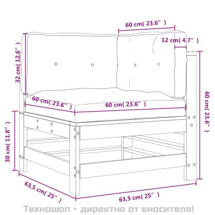 Ъглов диван с възглавници, сив, борово дърво масив