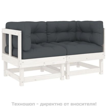 Ъглови дивани с възглавници, 2 бр, бели, борово дърво масив