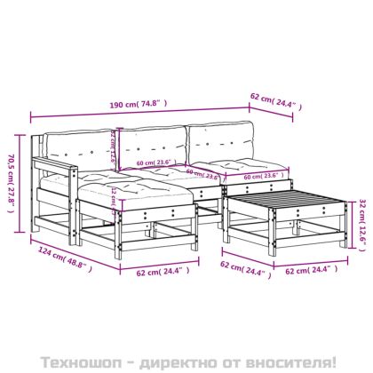 Градински комплект с възглавници, 5 части, сив, дърво масив