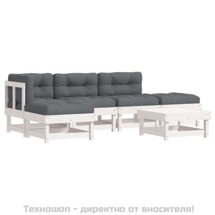 Градински комплект с възглавници, 6 части, бял, дърво масив