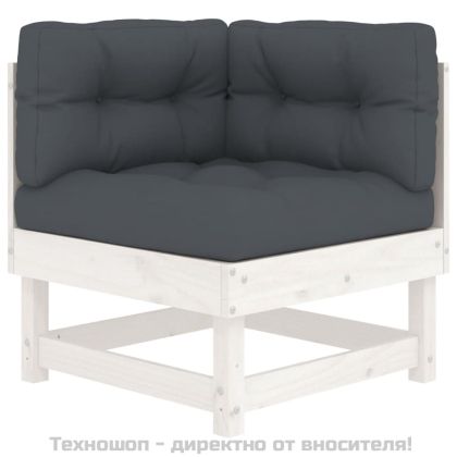 Градински комплект с възглавници, 6 части, бял, дърво масив