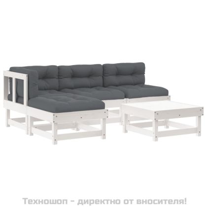 Градински комплект с възглавници, 5 части, бял, дърво масив