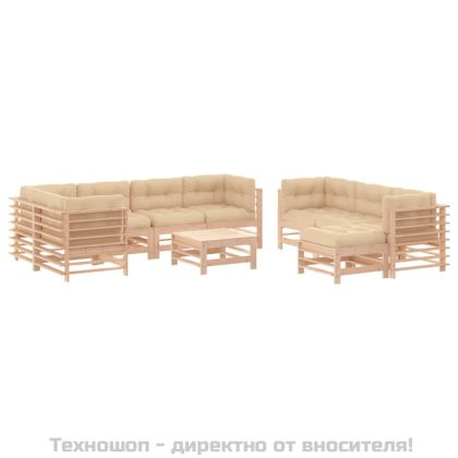 Градински лаундж комплект с възглавници, 10 части, дърво масив