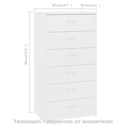 Бюфет с 6 чекмеджета, бял, 50x34x96 см, ПДЧ