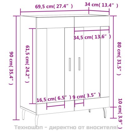 Сайдборд, бял гланц, 69,5x34x90 см, инженерно дърво