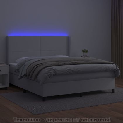 Боксспринг легло с матрак и LED бяло 160x200 см изкуствена кожа