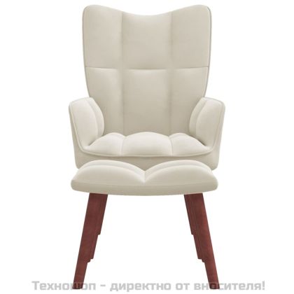 Релакс стол с табуретка, кремаво-бял, кадифе