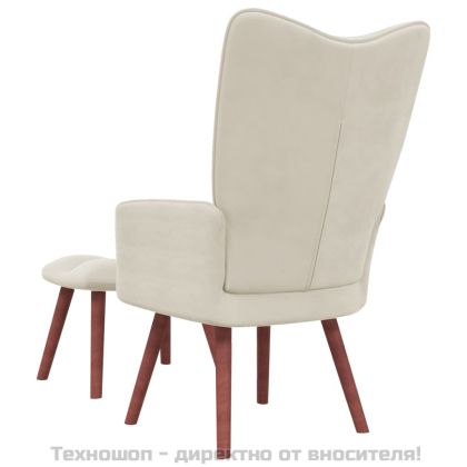 Релакс стол с табуретка, кремаво-бял, кадифе